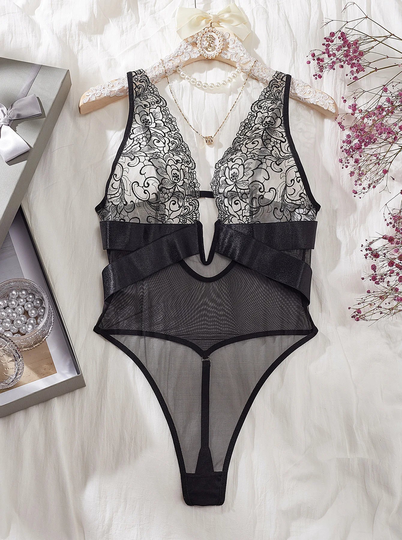 Bodysuit with a deep V-neckline