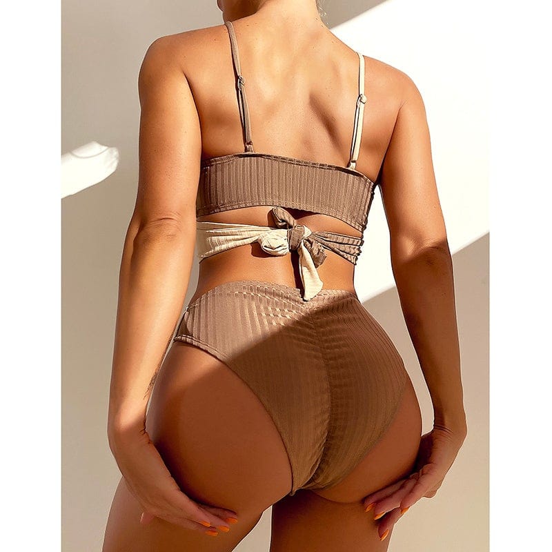 Two-piece swimsuit with a decorative tie at the back