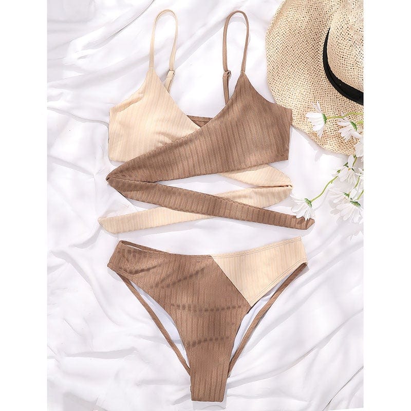 Two-piece swimsuit with a decorative tie at the back