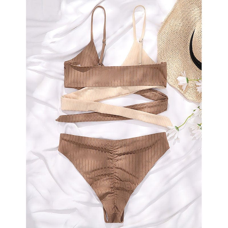 Two-piece swimsuit with a decorative tie at the back