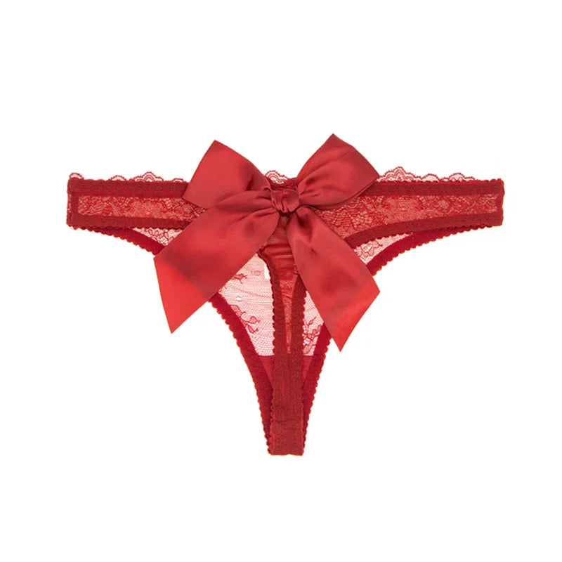 Lace thong with a large satin bow