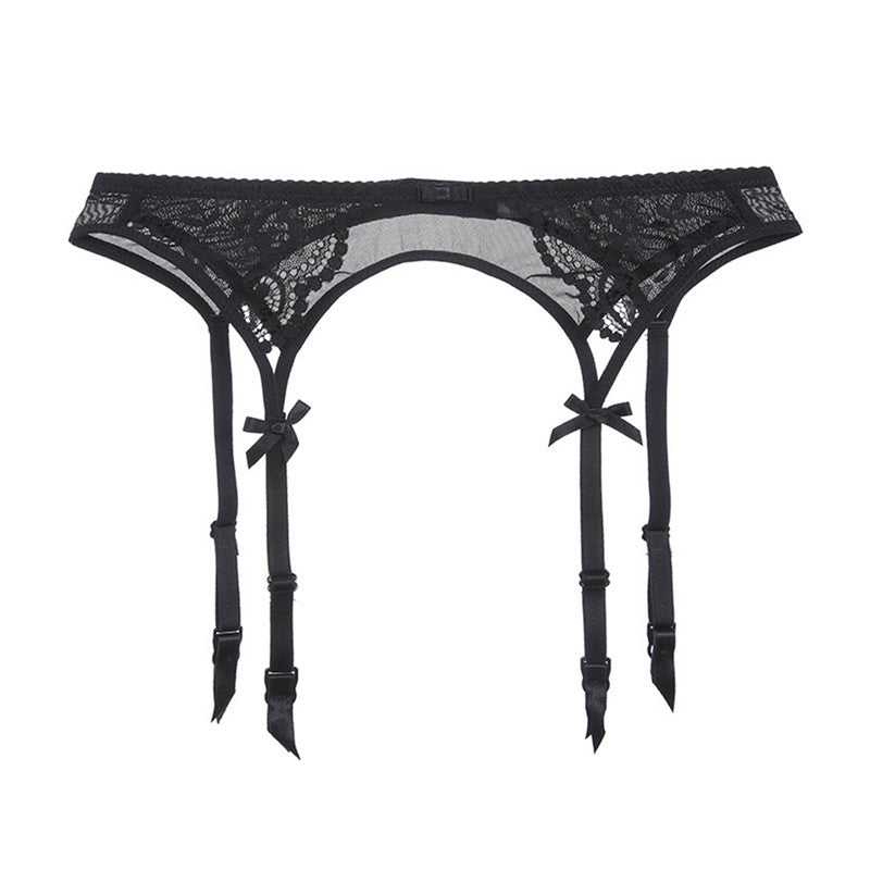 Lingerie set with stockings and lace bra.