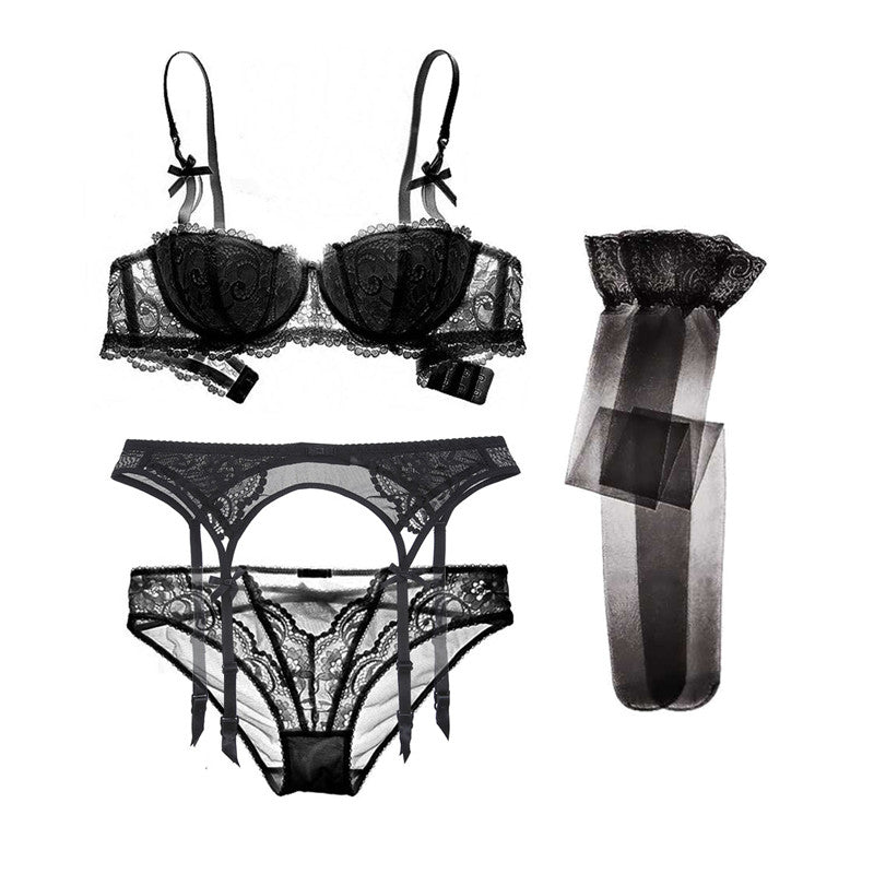 Lingerie set with stockings and lace bra.