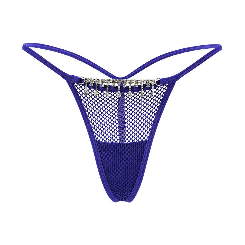 Fishnet thong with a decorative zircon chain.