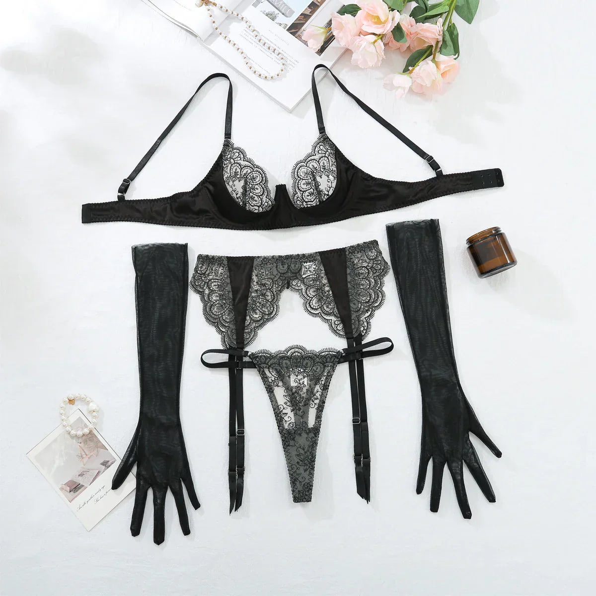 Lace lingerie set with gloves