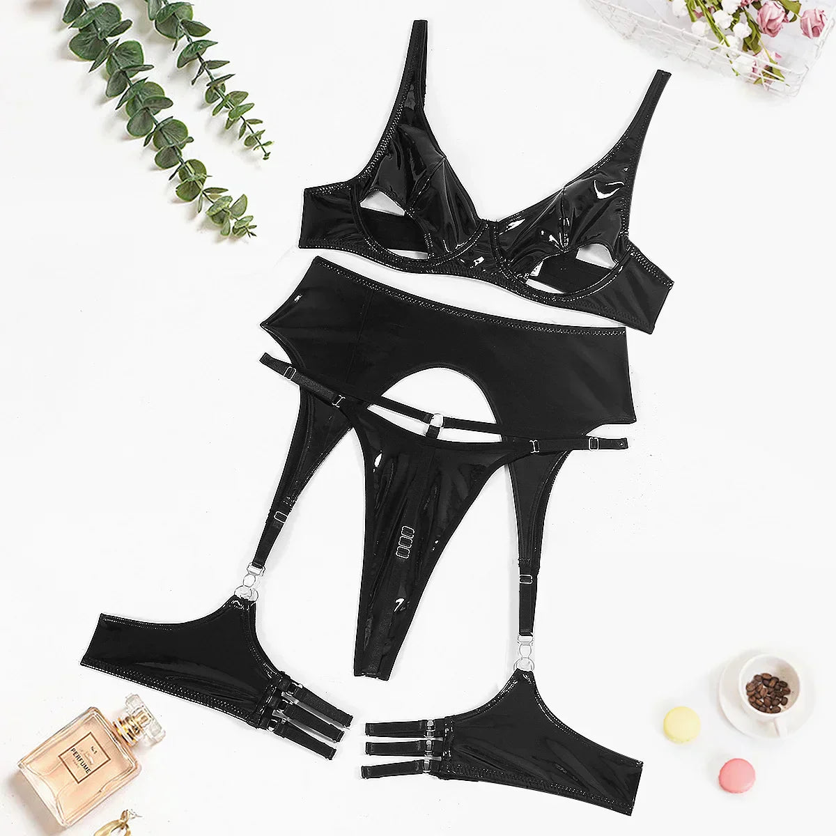 Latex-like lingerie set with cutouts at the chest
