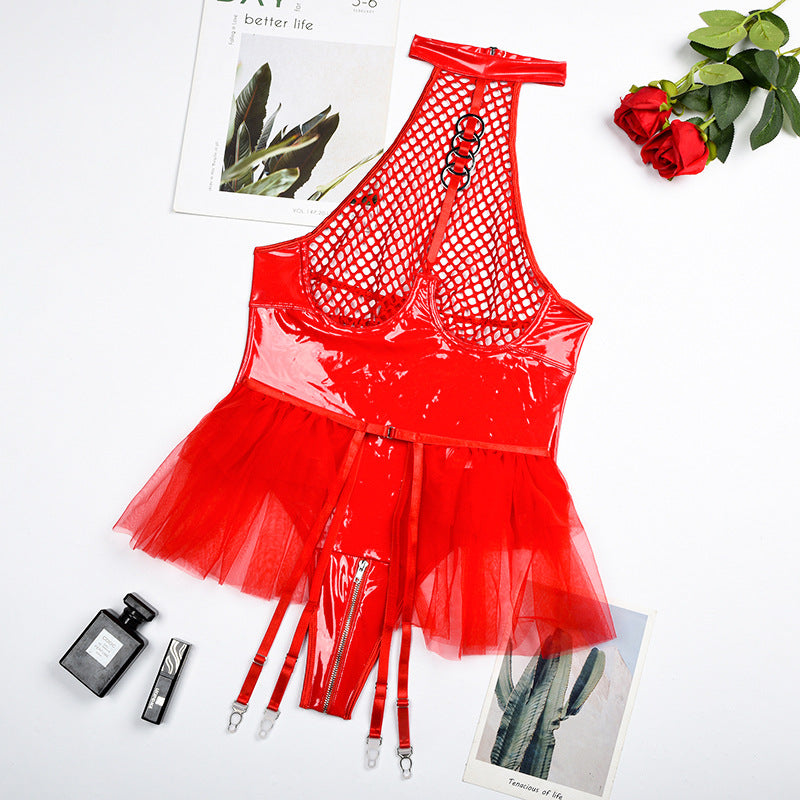 Latex bodysuit with garter belt