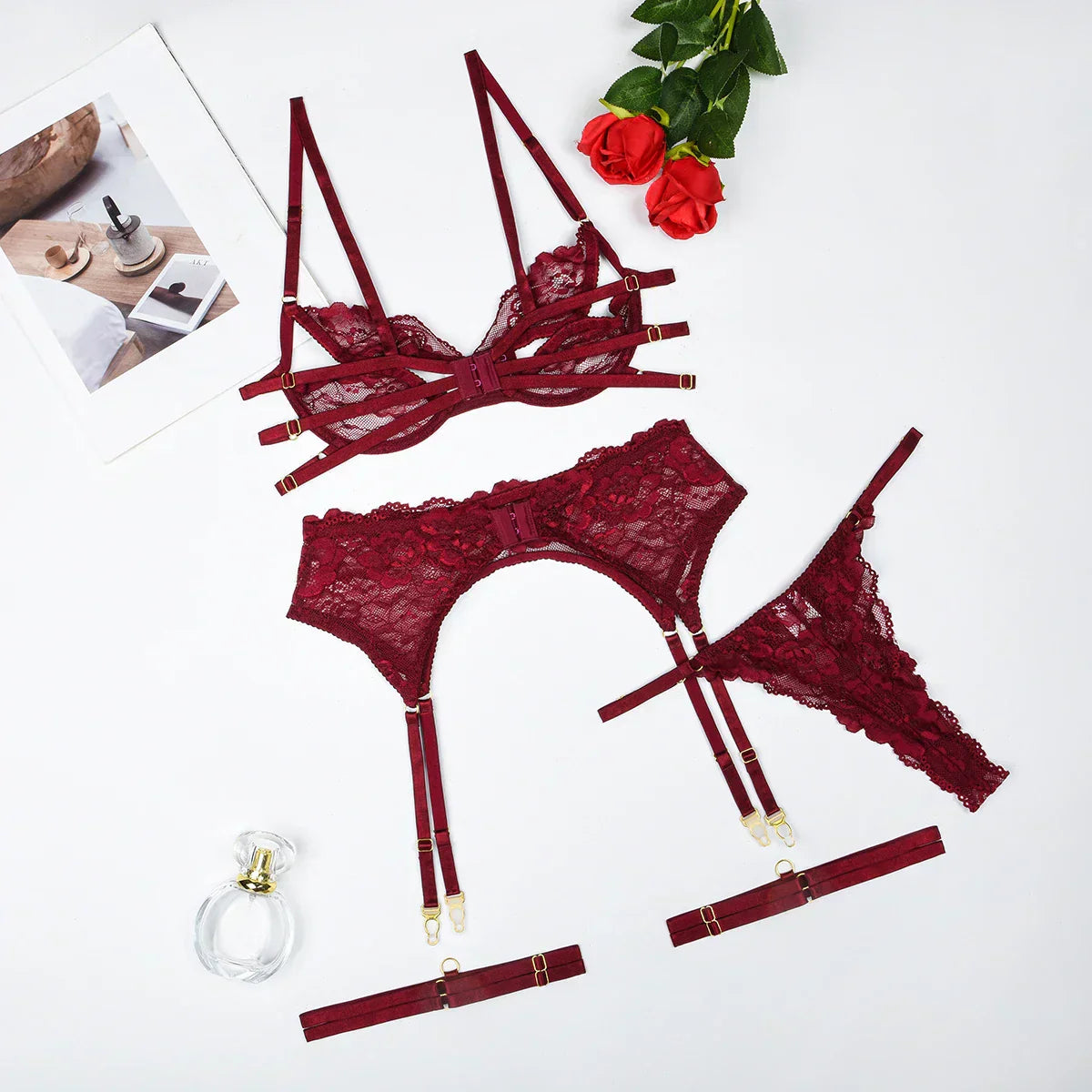 Sensual lingerie set with cutouts and decorative stones