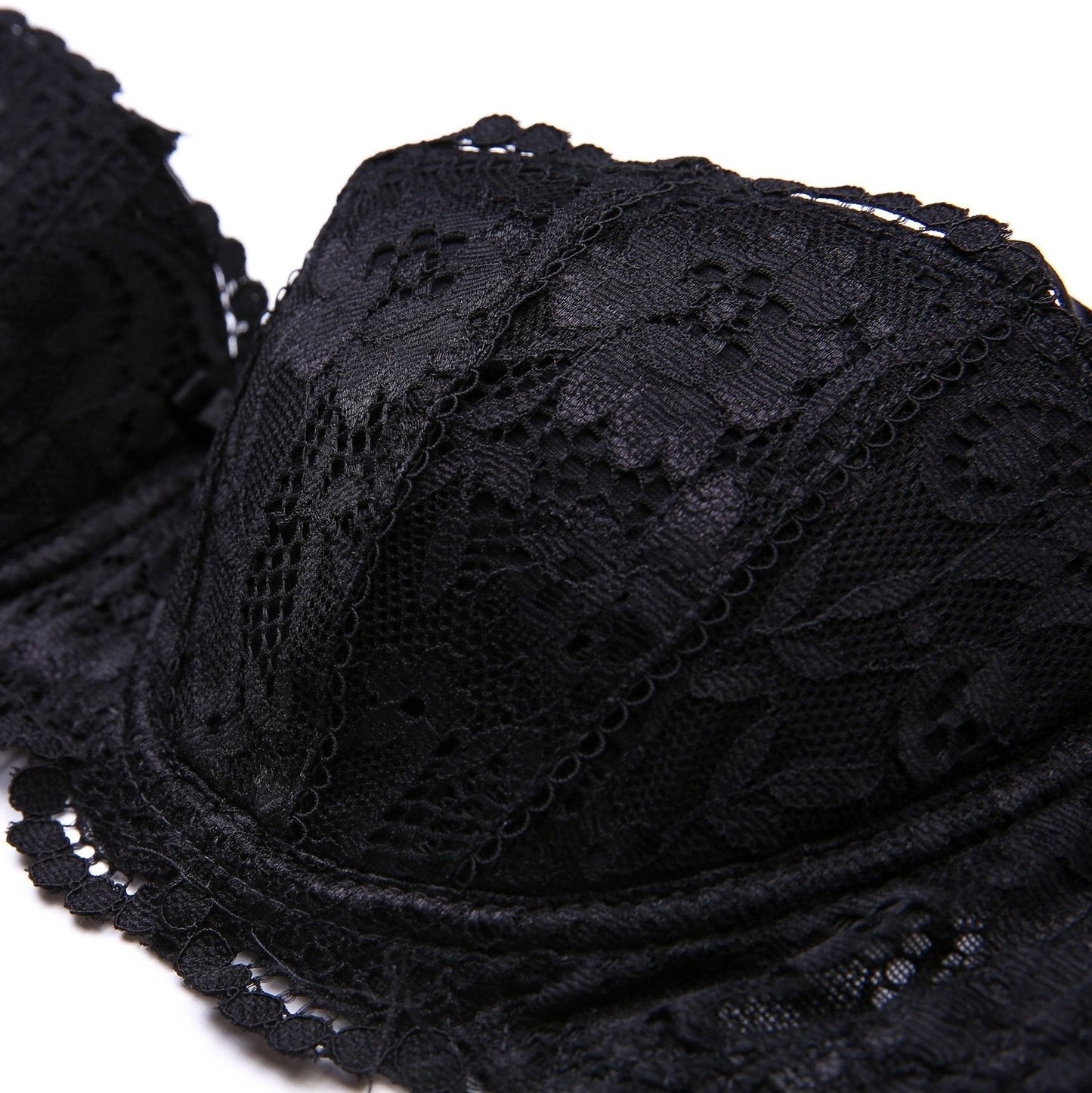 Lingerie set with stockings and lace bra.