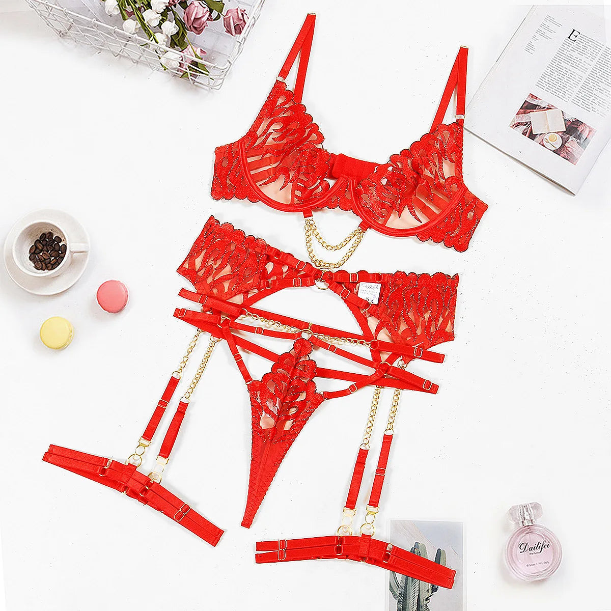 Lingerie set with flame pattern.