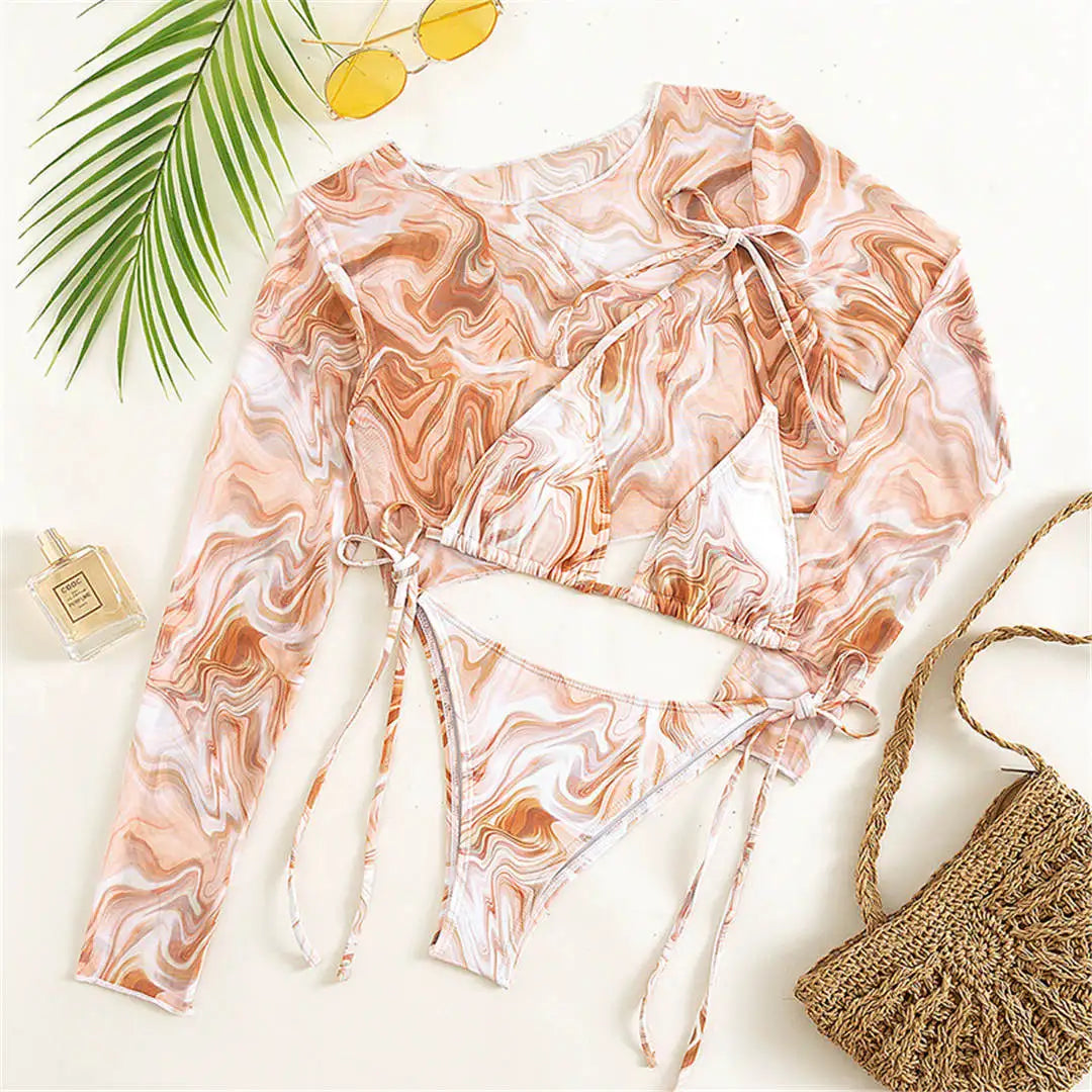Swimsuit with long sleeve mesh top