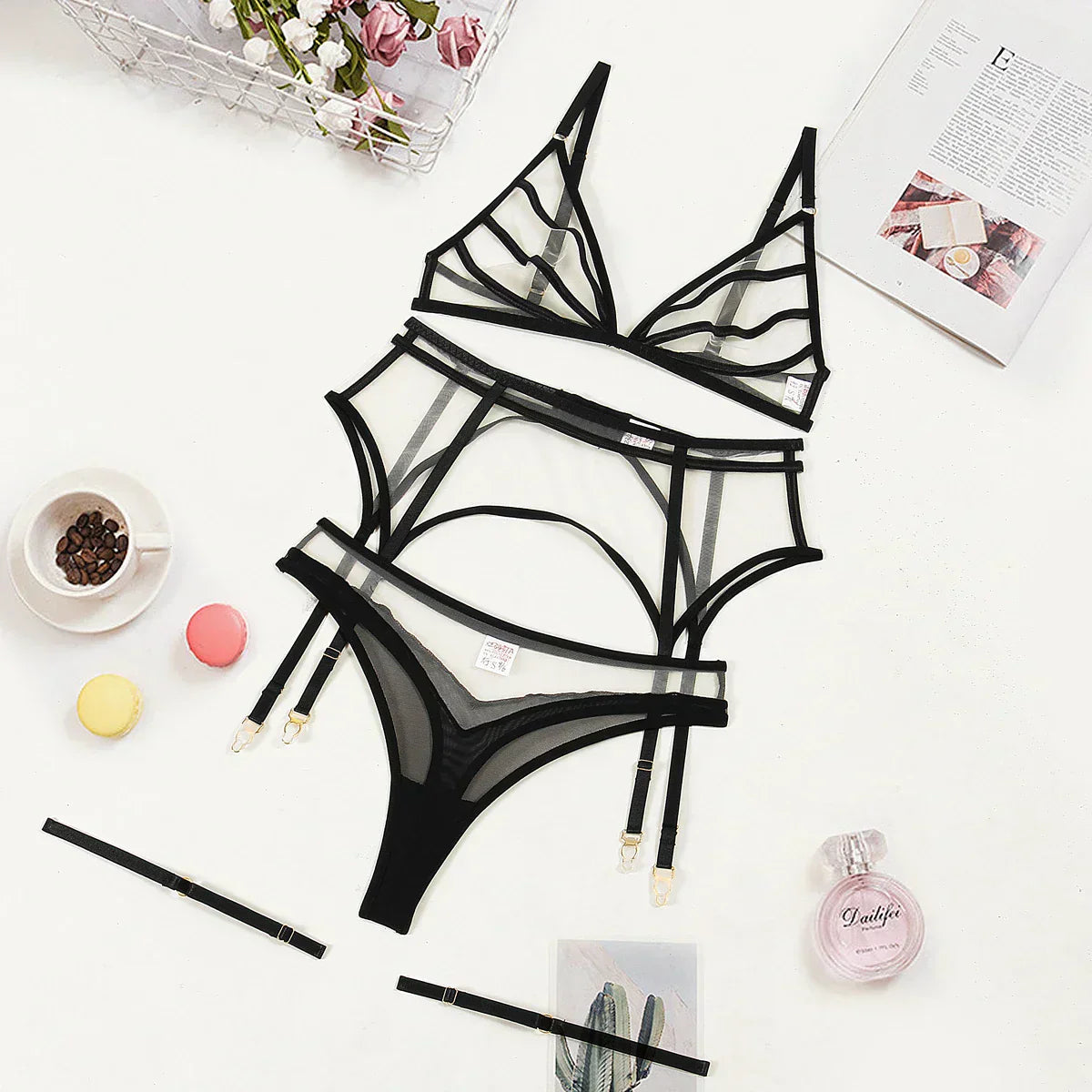 Transparent lingerie set with stripes on the chest