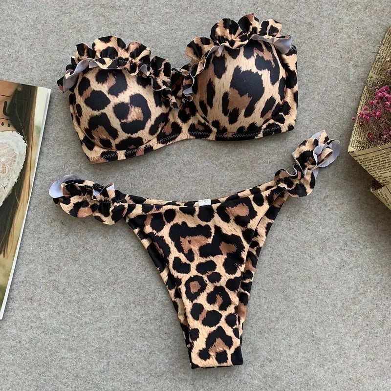 Bikini deux pièces à imprimé léopard avec volants