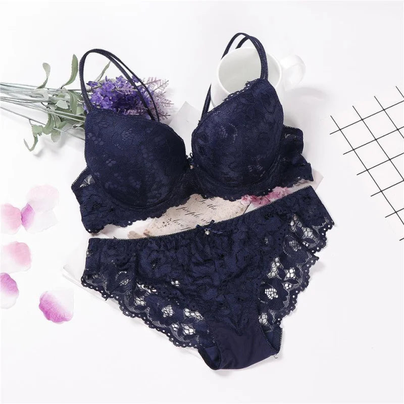 Bleu Lingerie Sexy En Dentelle Motif de Fleur - Ensemble 2 Pièces