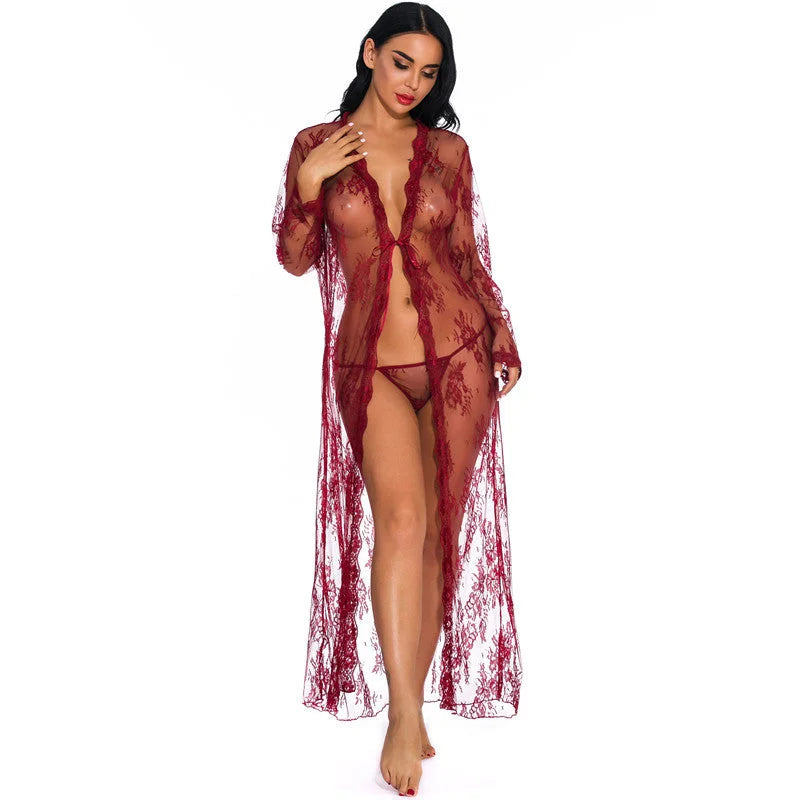 Bordeaux Kimono Féminin en Dentelle - Long et Transparent