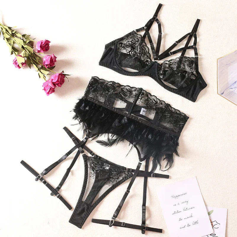 Lingerie set with a garter belt decorated with feathers.