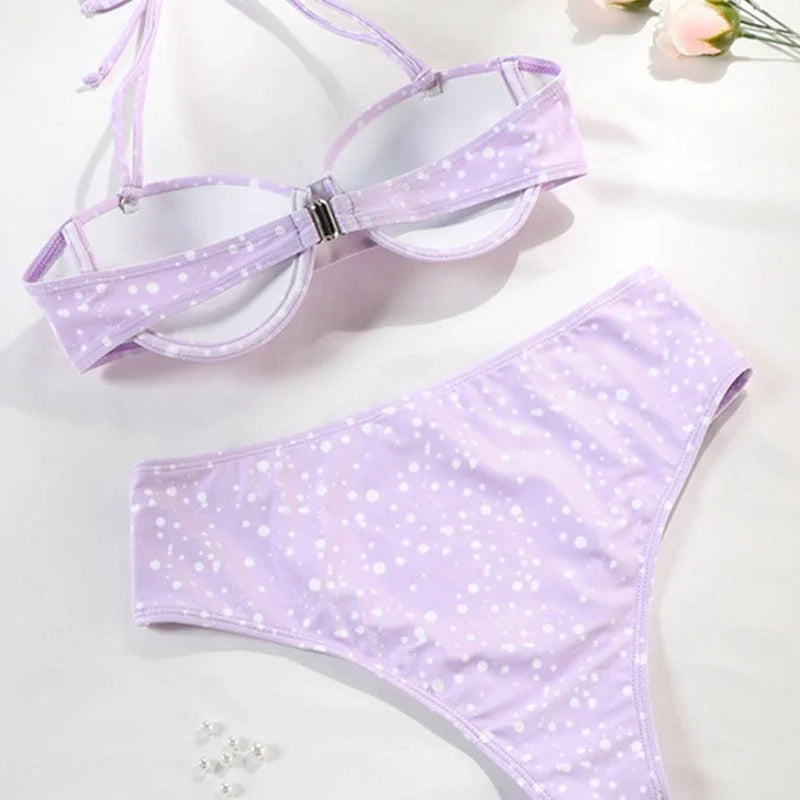 Maillot de bain deux pièces bikini taille haute à pois