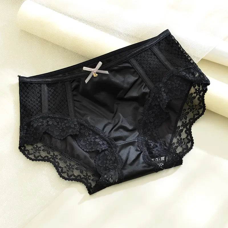 Noir Culotte taille haute en satin avec dentelle