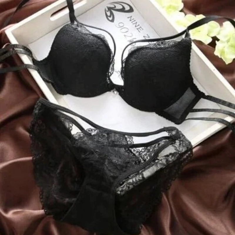 Noir Lingerie Fine Bonnet Rembourré - Ensemble 2 Pièces