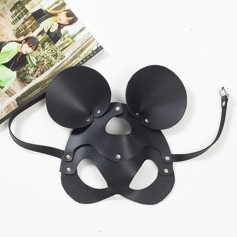 Noir Masque en cuir avec oreilles de souris