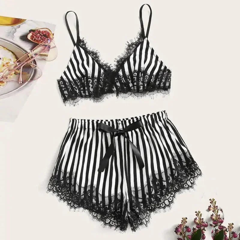 Noir Pyjama Femme en Satin - avec Rayures