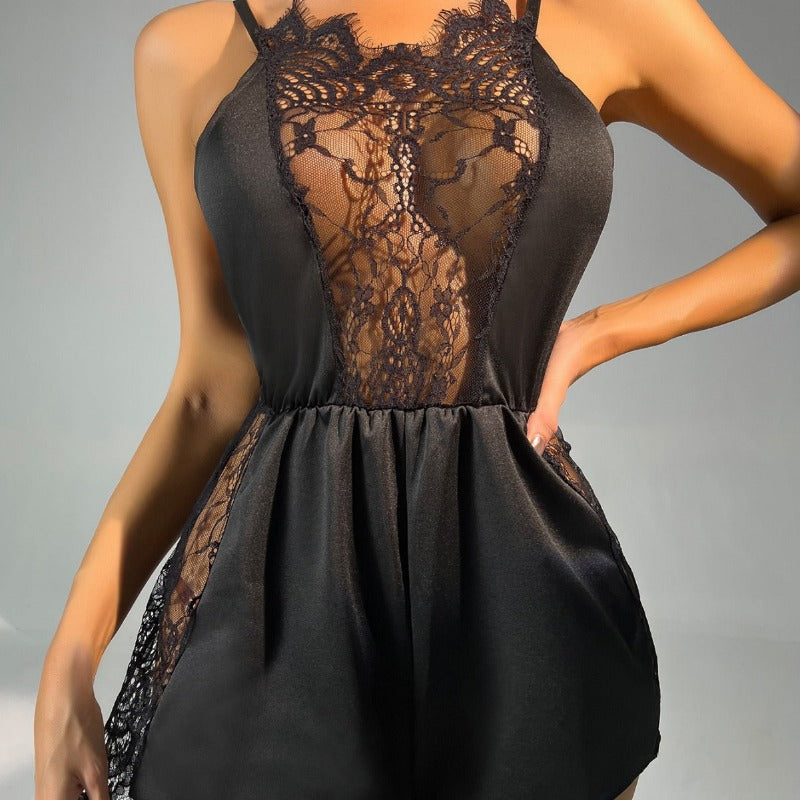 Noir Pyjama pour Femme - Modèle Une Pièce avec dentelle