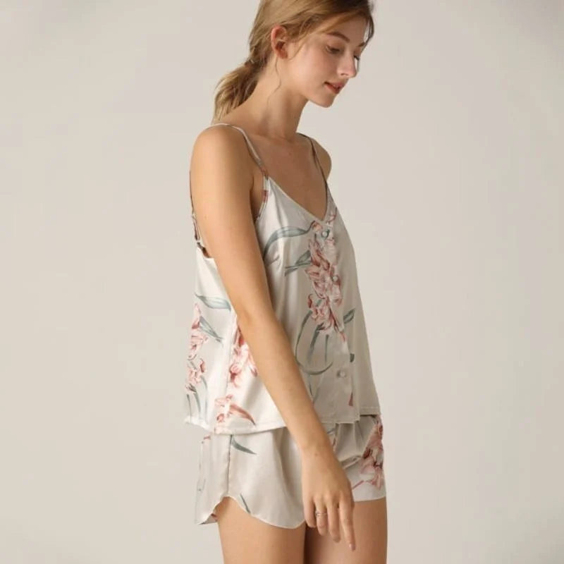 Pyjama femme en satin à motif fleuri