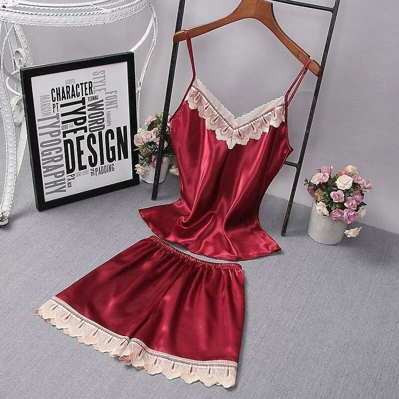 Pyjama Femme en Satin - avec Dentelle Blanche