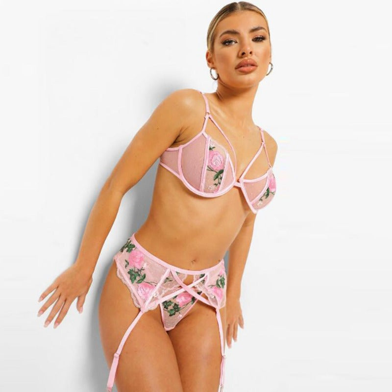 Rose Ensemble de Lingerie avec Fleurs - Dentelle Fine