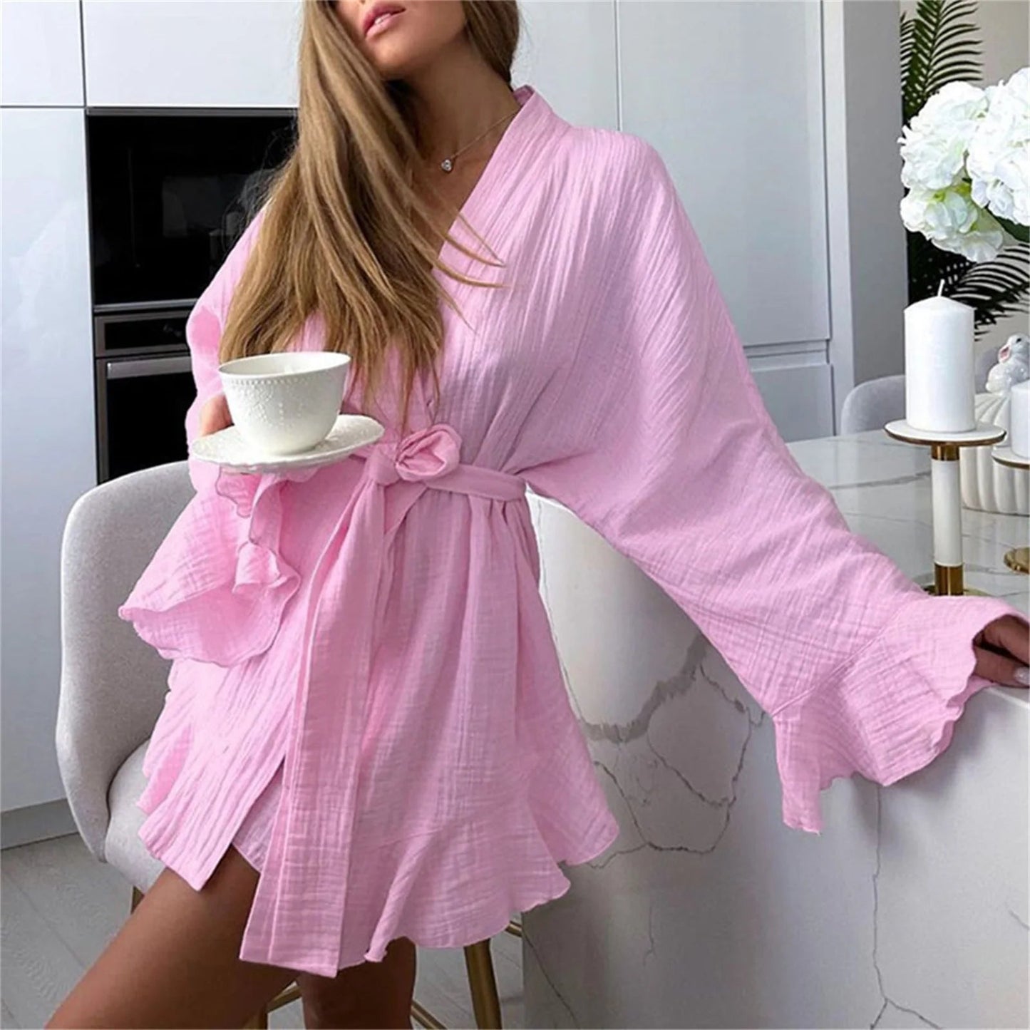 Rose Pyjama femme deux pièces en coton à volants