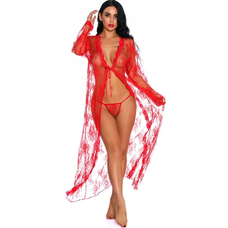 Rouge Kimono Féminin en Dentelle - Long et Transparent