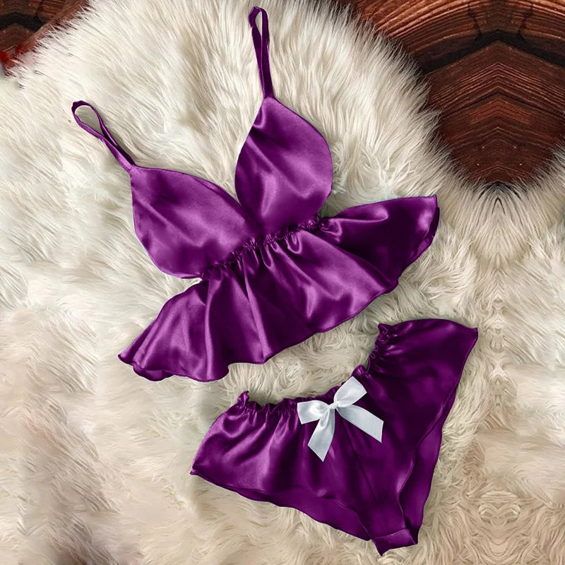 Violet Pyjama Court avec un Nœud - Taille Marquée