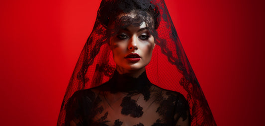 Portrait d'une femme en robe noire et voile sur fond rouge.