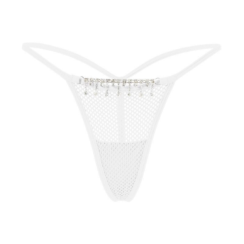 Fishnet thong with a decorative zircon chain.