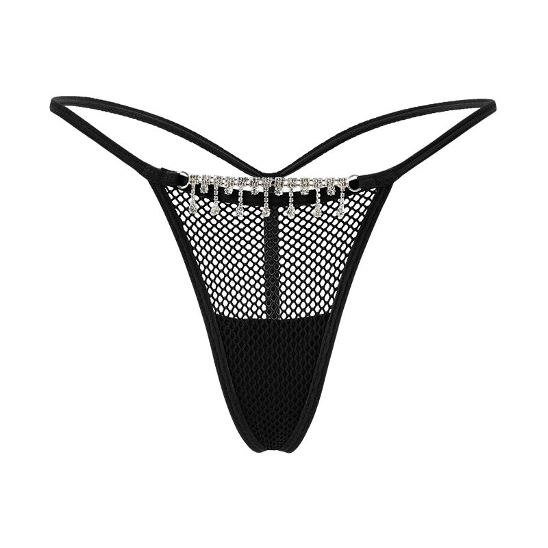 Fishnet thong with a decorative zircon chain.