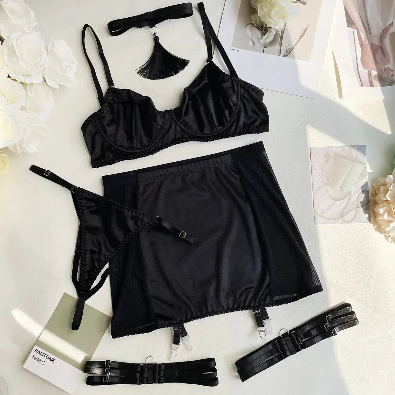 Luxurious satin lingerie set with a choker.