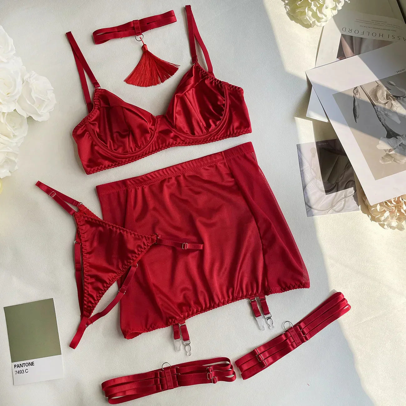 Luxurious satin lingerie set with a choker.