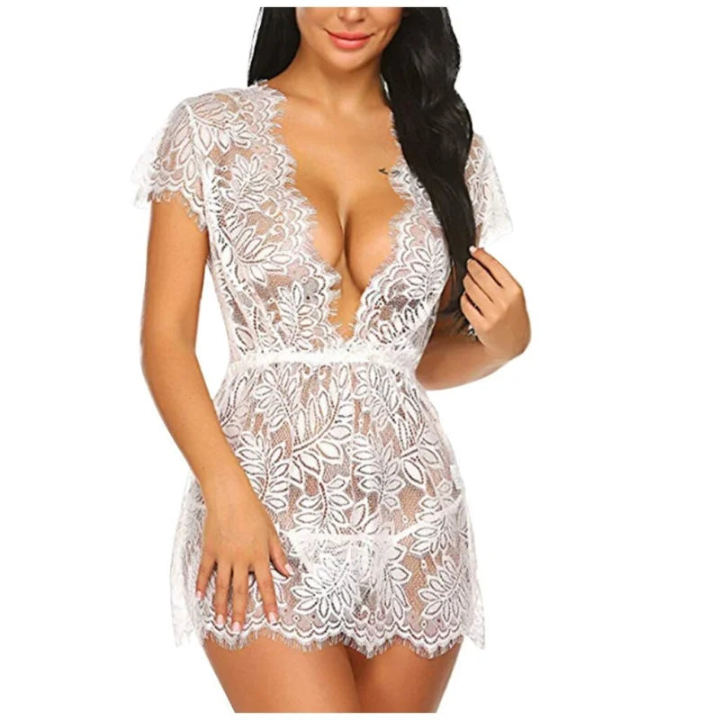 Blanc Nuisette en dentelle à manches courtes