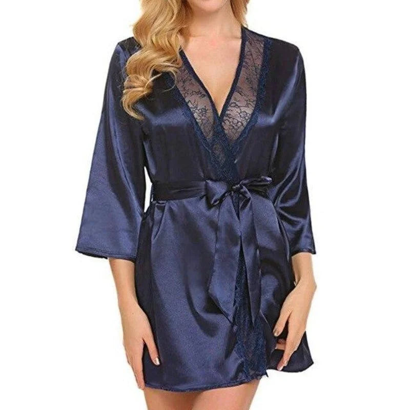 Bleu marine Kimono Féminin Classique avec Dentelle