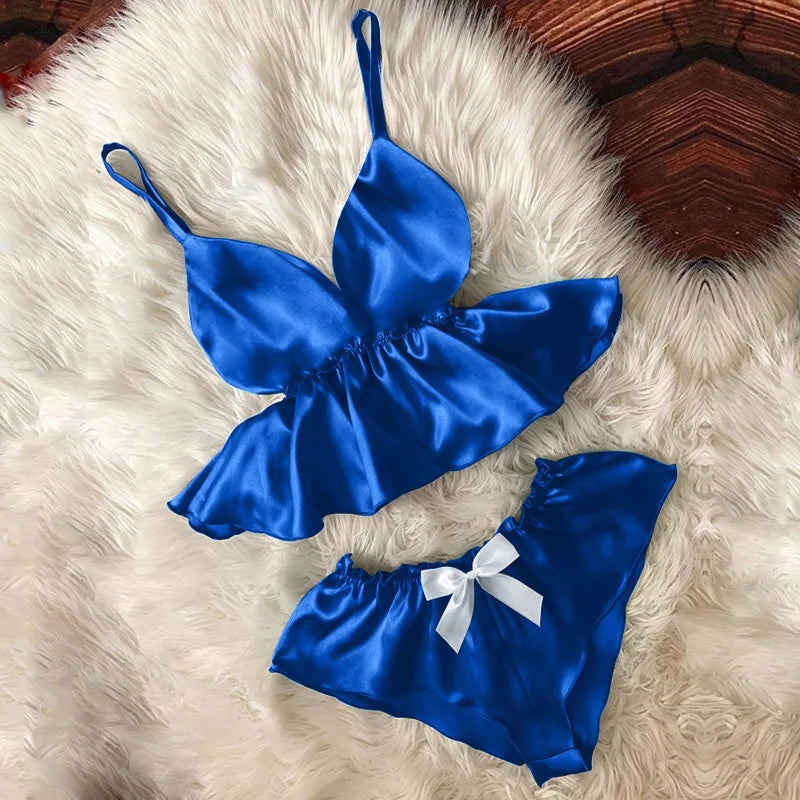 Bleu Pyjama Court avec un Nœud - Taille Marquée