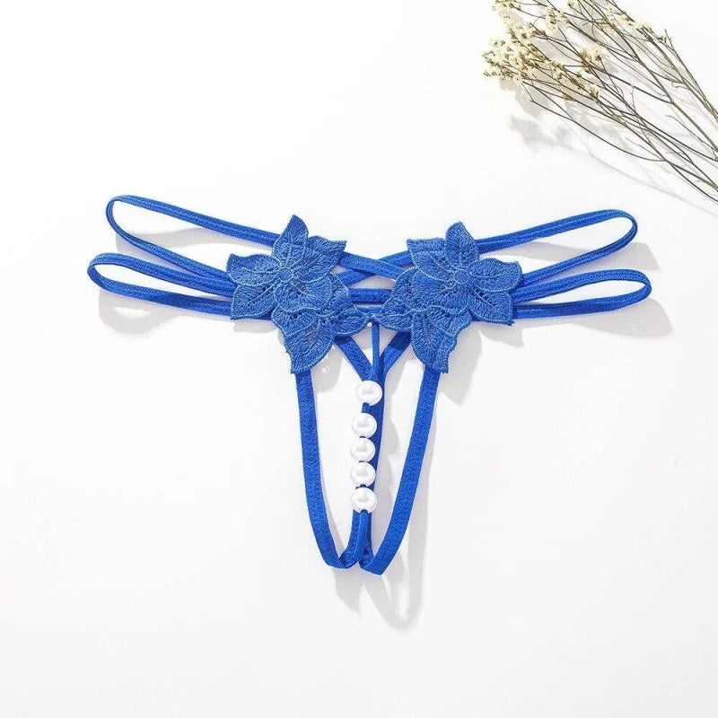 Bleu String Sexy en Dentelle - Motif Fleuri et Perles