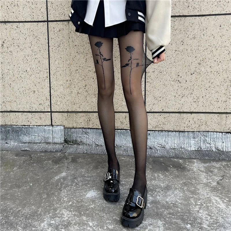 Noir Collants femme à motif rose
