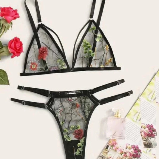 Noir Ensemble de Sous-Vêtements - Dentelle Thème Fleurs