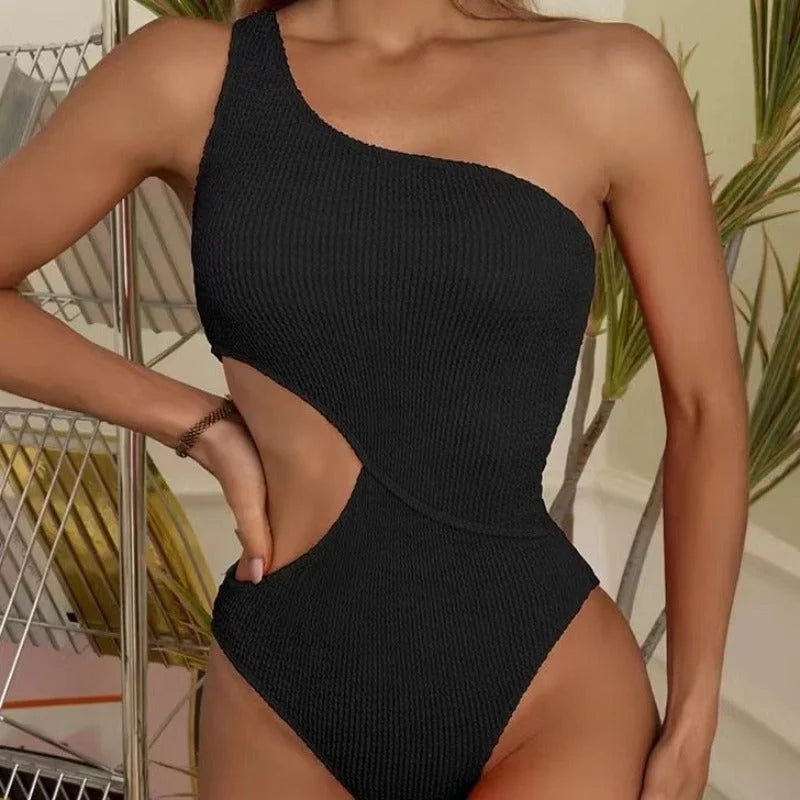 Noir Maillot de bain une pièce rayé asymétrique