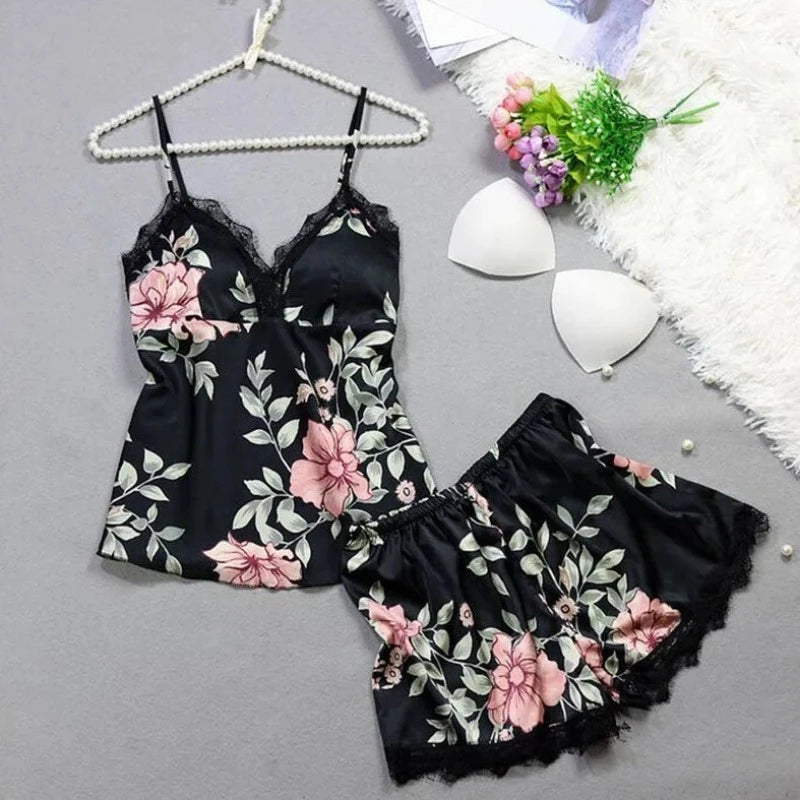 Noir Pyjama Fleuri Femme - Satin Imprimé