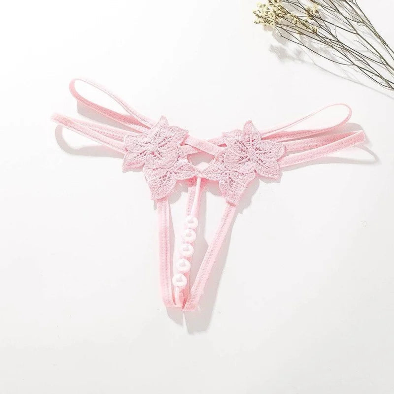 Rose clair String Sexy en Dentelle - Motif Fleuri et Perles