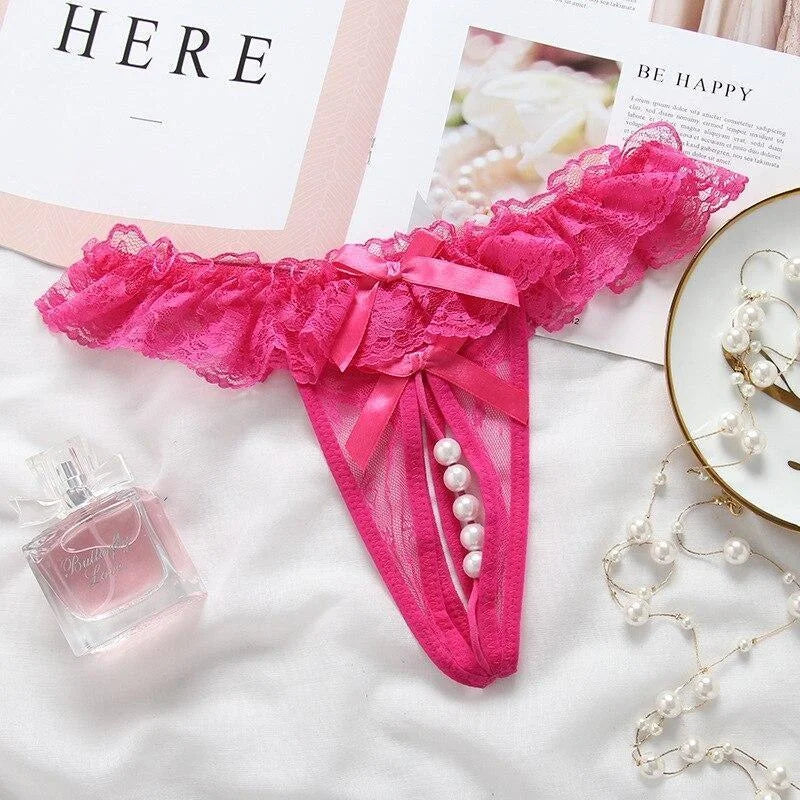 Rose foncé String en Dentelle avec de Jolies Perles
