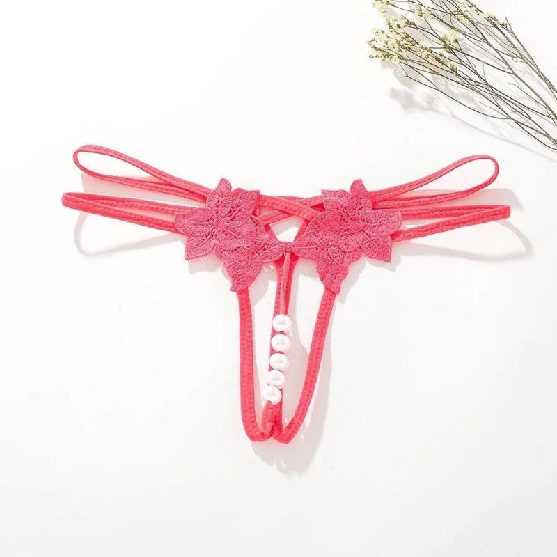 Rose foncé String Sexy en Dentelle - Motif Fleuri et Perles