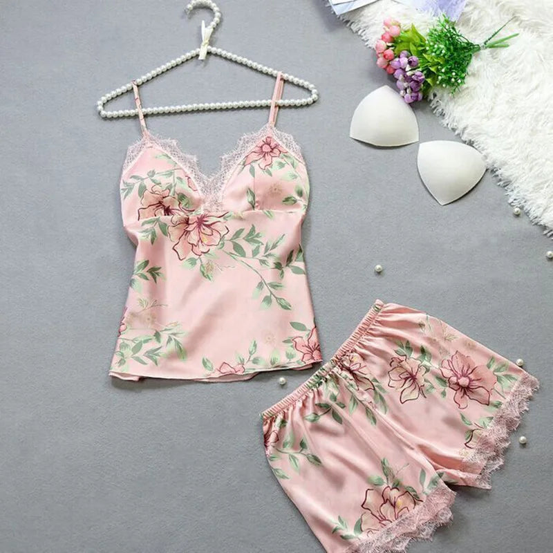 Rose Pyjama Fleuri Femme - Satin Imprimé