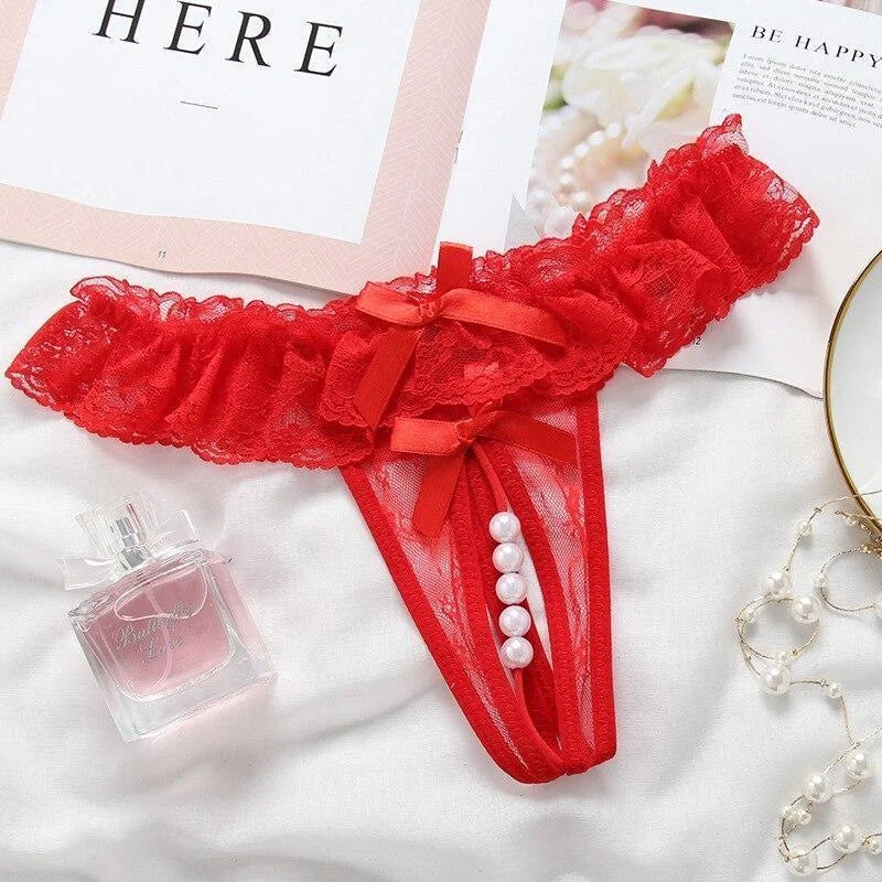 Rouge String en Dentelle avec de Jolies Perles